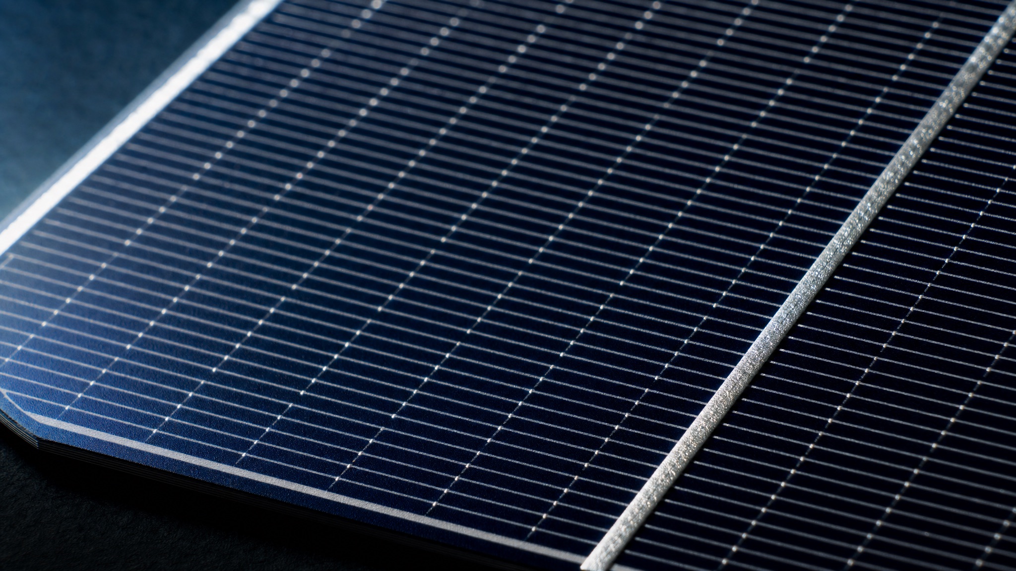 Close-up of N-Type monocrystalline solar cell surface showing fine grid lines and busbars