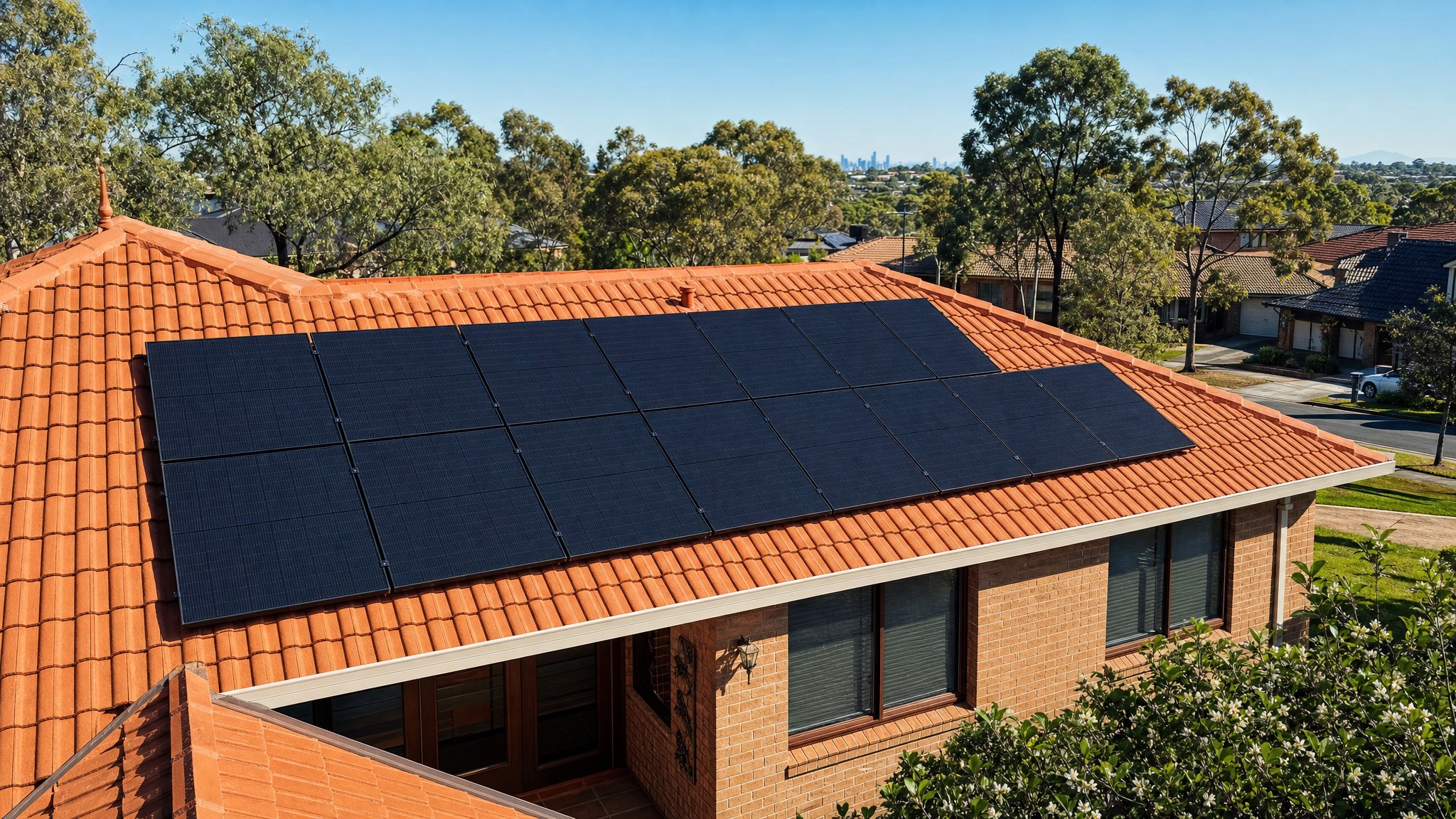 Completed Jinko solar panel installation on Australian suburban home with terracotta tiled roof