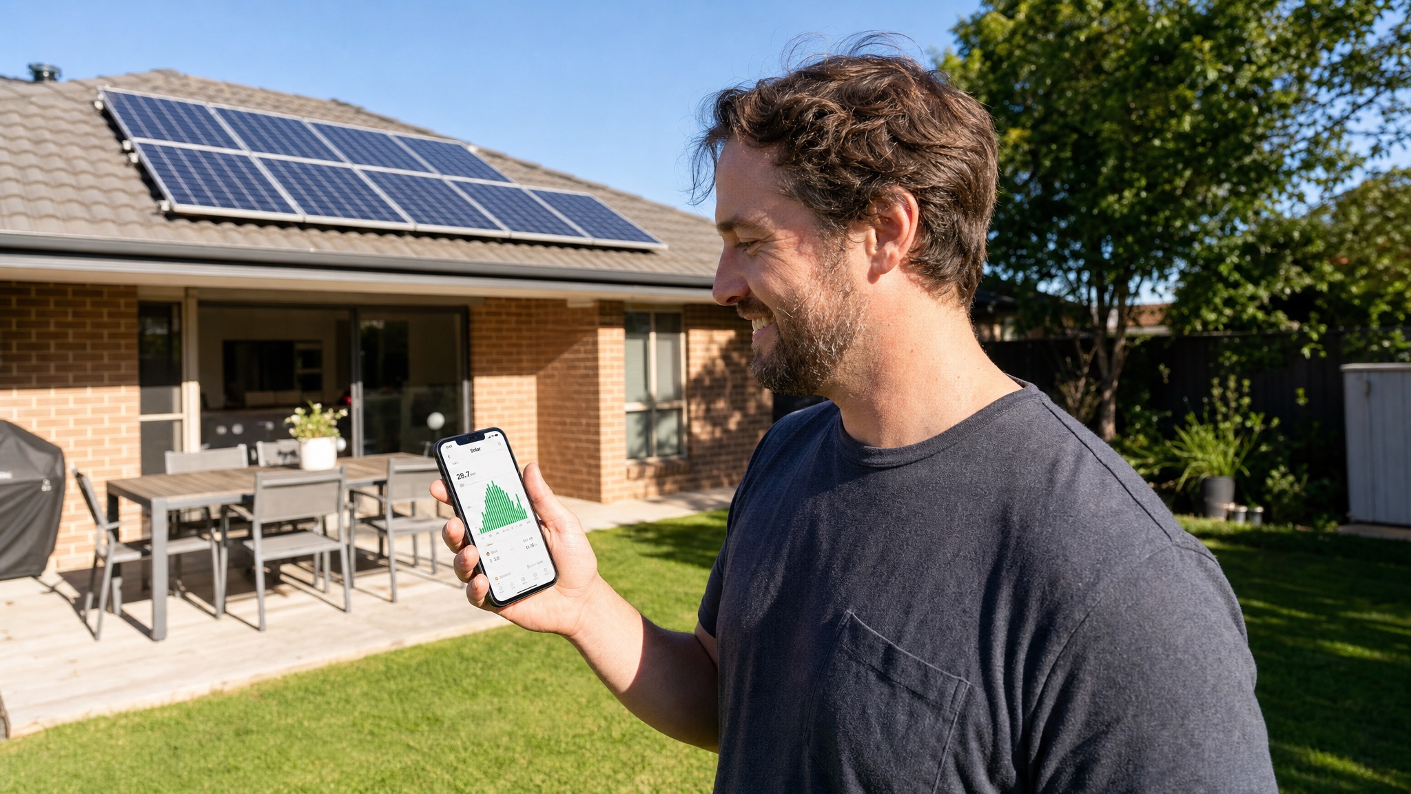 Australian homeowner checking solar monitoring app in backyard with solar panels visible on roof