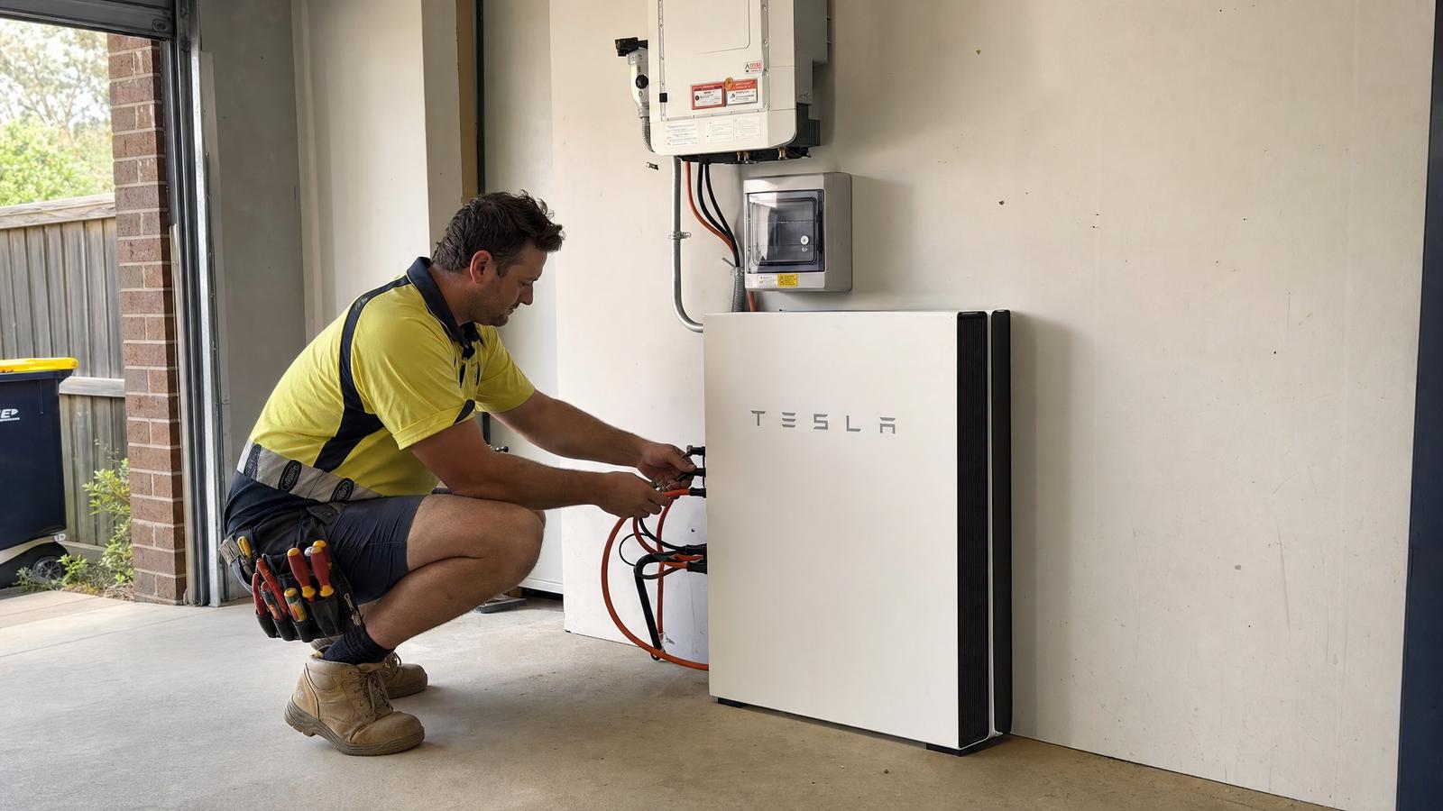 Electrician in hi-vis installing a home battery storage system on a garage wall