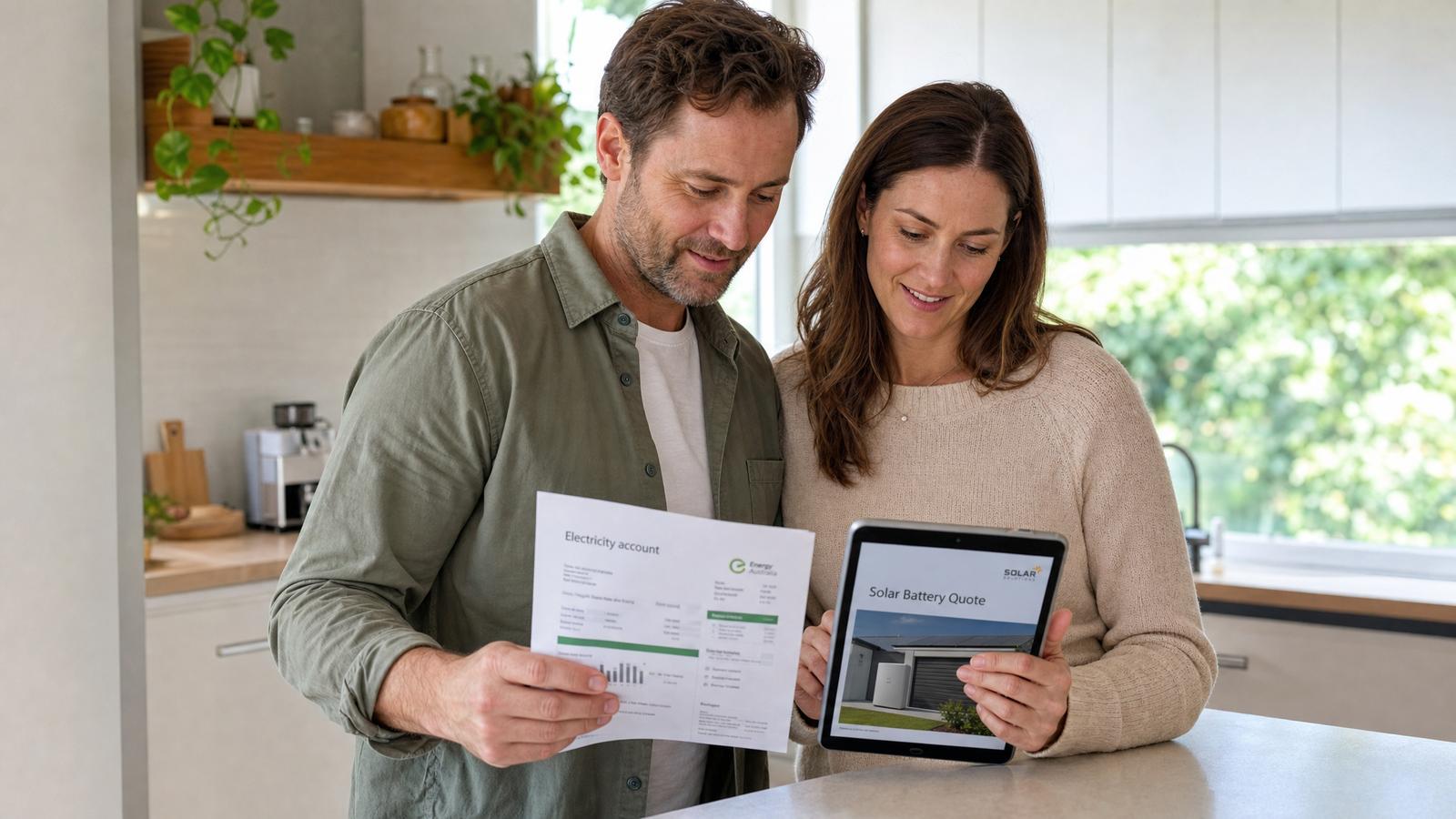 Couple reviewing their electricity bill and a solar battery quote on a tablet in their kitchen