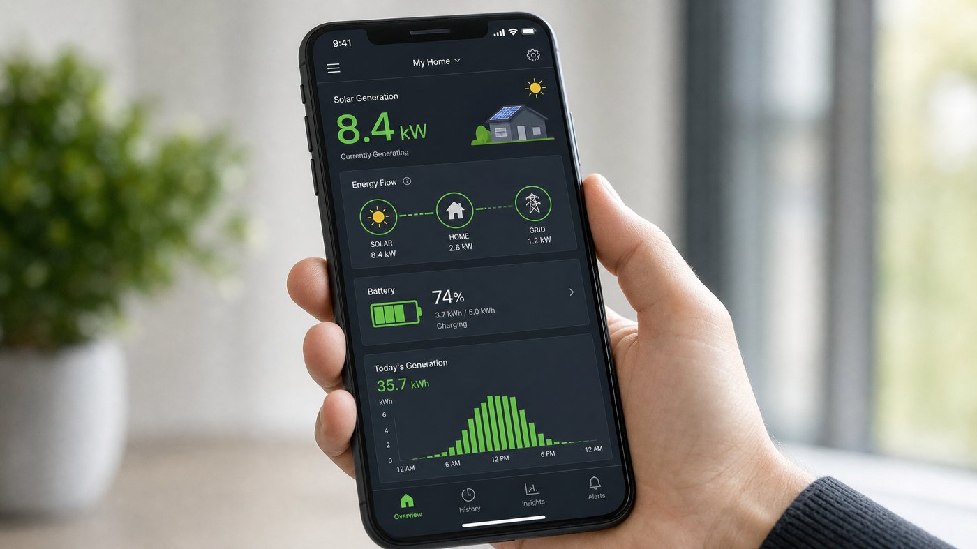 iSolarCloud app showing 8.4kW solar generation, 74% battery, and energy flow on a smartphone