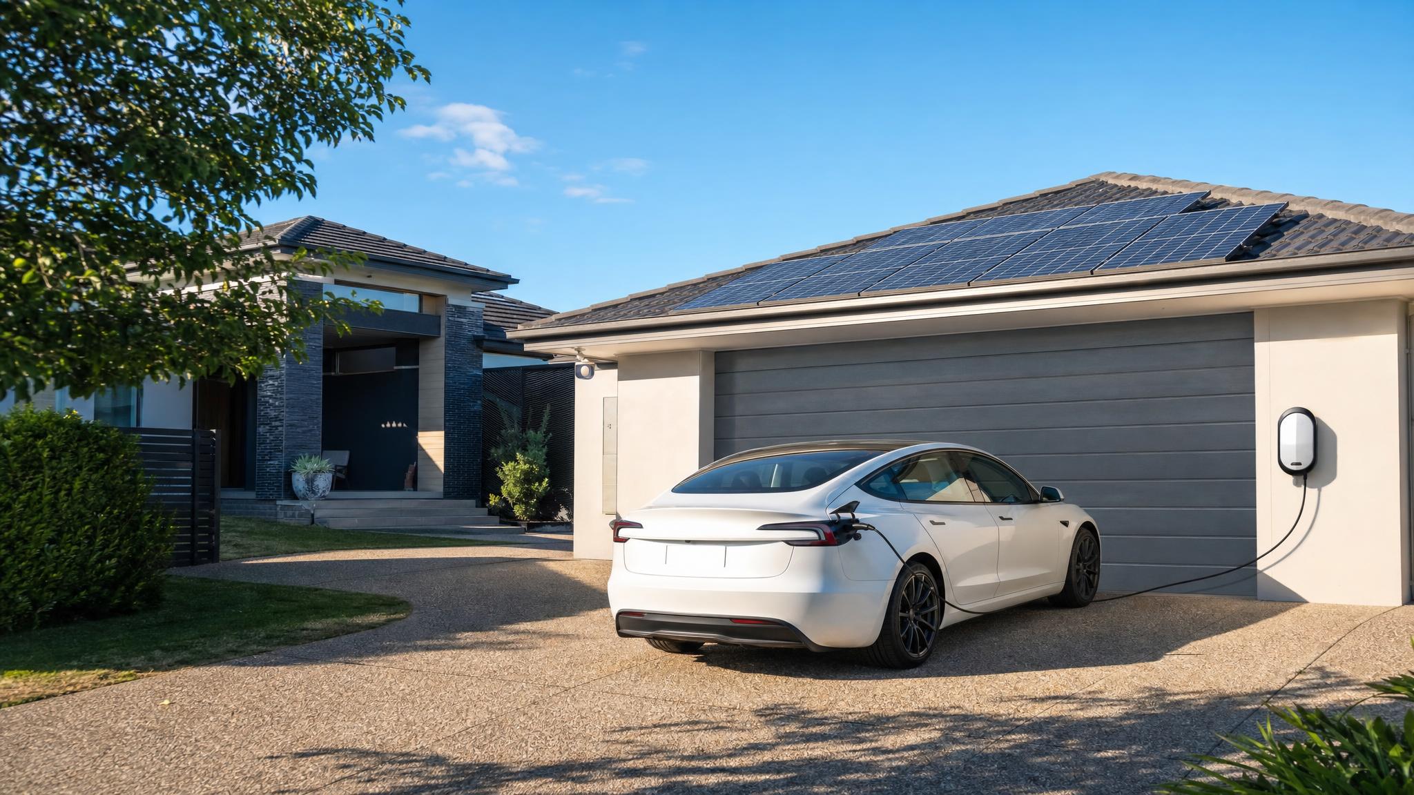 Electric vehicle plugged into a home EV charger with solar panels visible on the roof above