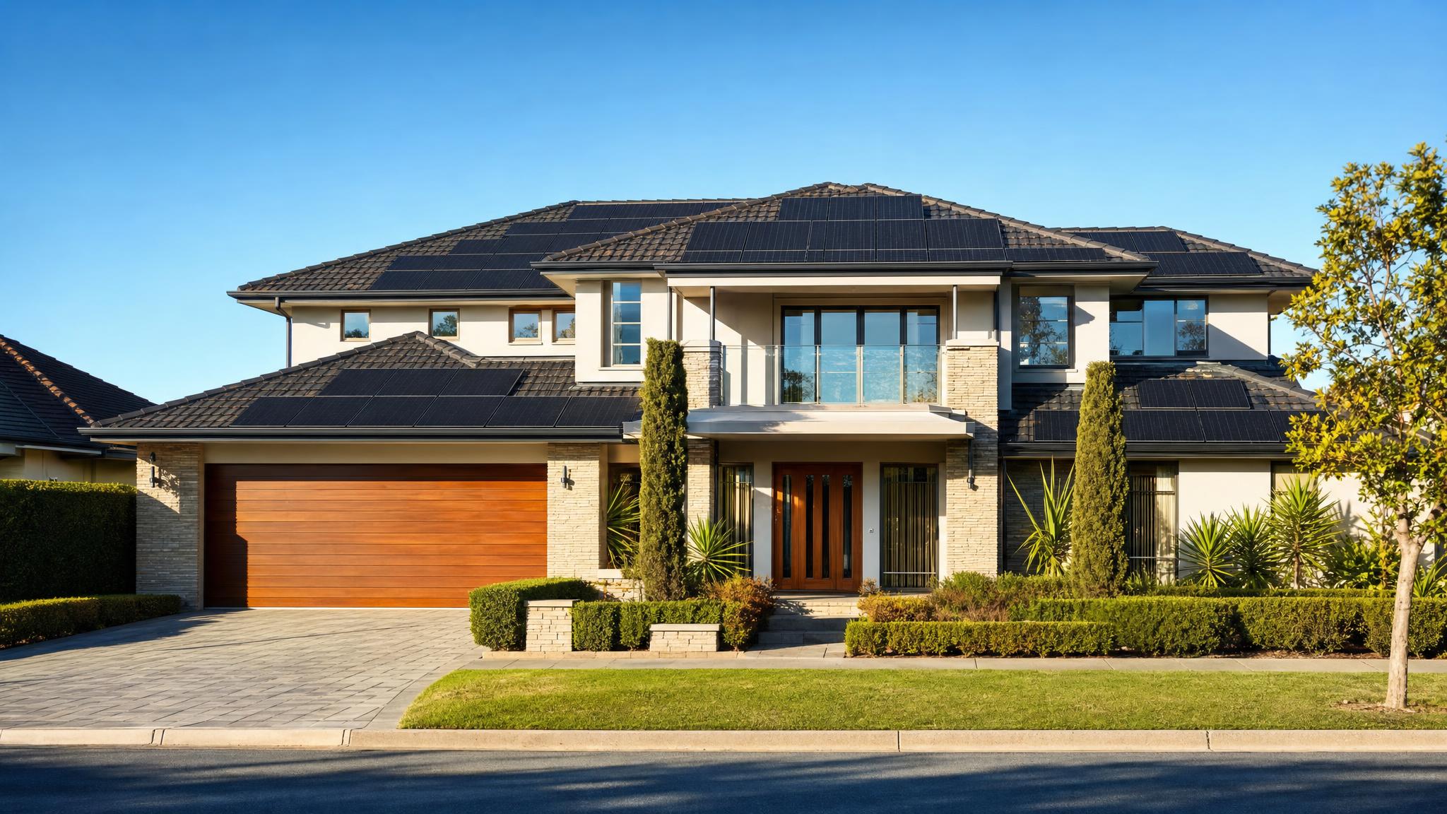 Large modern two-storey Australian home with extensive black solar panel array covering the roof