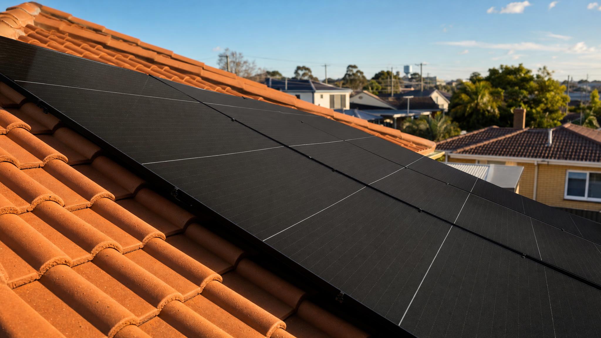 Black solar panels installed on terracotta roof tiles on a Melbourne residential home