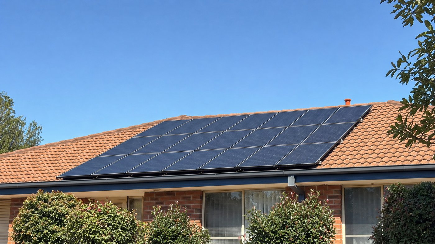 Solar panels installed on the terracotta tile roof of a Victorian brick home under a clear blue sky