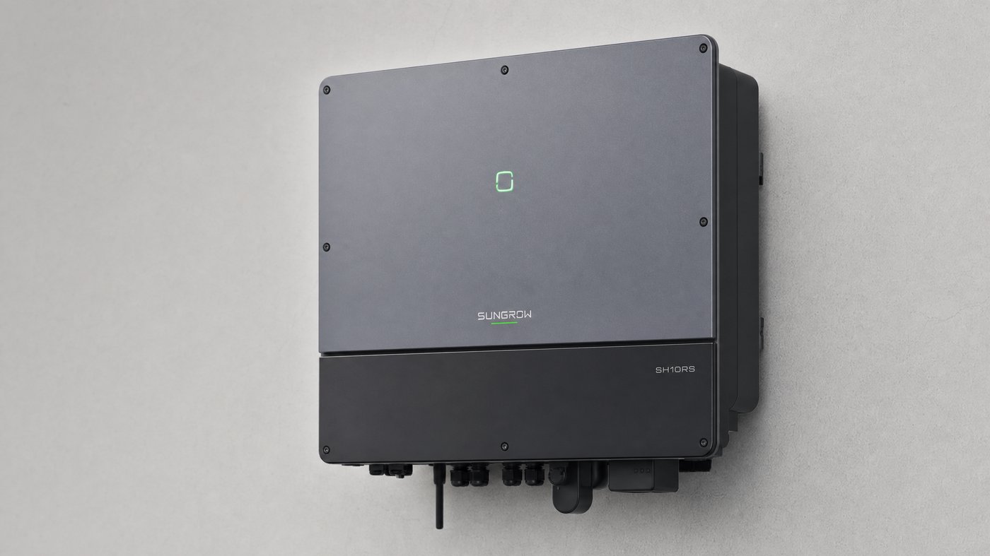 Sungrow SH10RS hybrid solar inverter mounted on a light grey wall